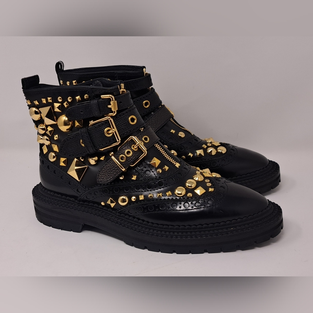 Burberry Everdon Leather Biker Boots Combat Ankle Buckle Gold Studs 10 US 40 EU - Picture 3 of 12